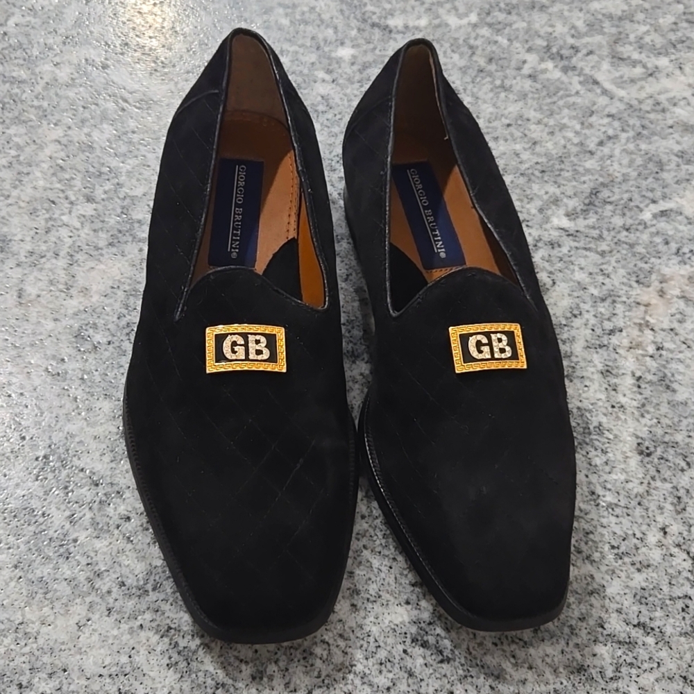 Giorgio Brutini Size 7.5 Black Quilted Velvet Signature Embellished Loafers